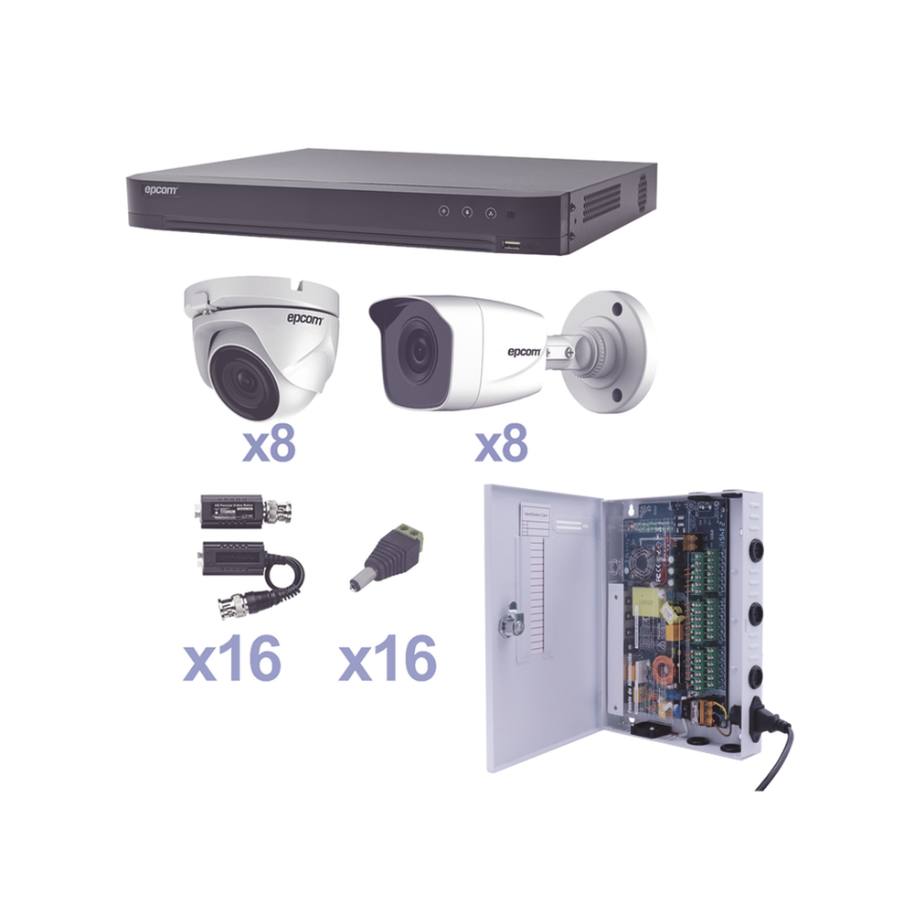 KIT TurboHD 1080p / DVR 16 Canales / 8 Cámaras Bala (exterior 2.8 mm) / 8 Cámaras Eyeball (exterior 2.8 mm) / Transceptores / Conectores / Fuente de Poder Profesional